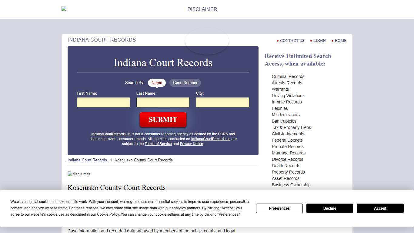 Kosciusko County Court Records IndianaCourtRecords.us