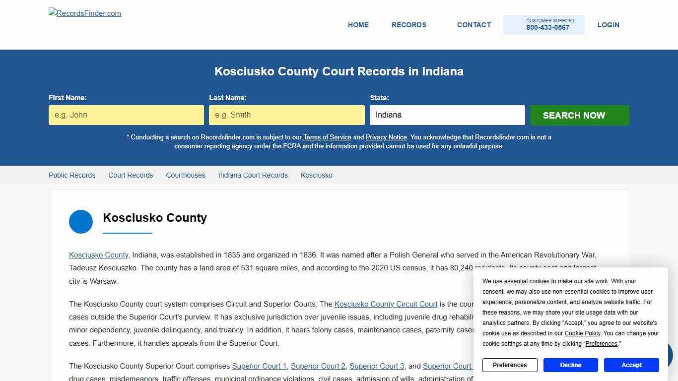 Search Kosciusko Court Records & Courthouses, Indiana IN